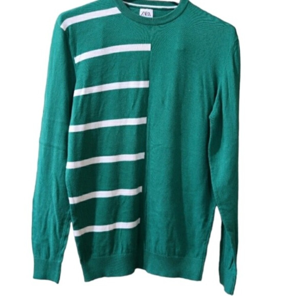 Zara Man Green Striped Preppy Crewneck Sweater 100% Cotton Large